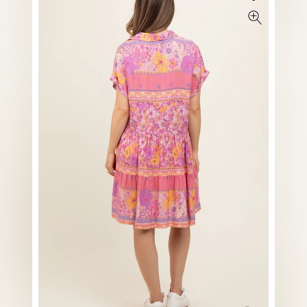 NEW Umgee Floral Print V-Neck Tiered Dress Pink XL - Picture 2 of 10